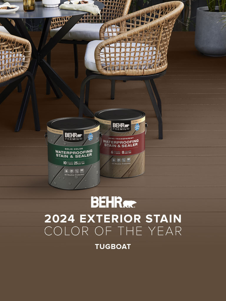 Mobile-sized image of a wooden deck stained in Tugboat, featuring Behr 2024 Color of the Year, Tugboat