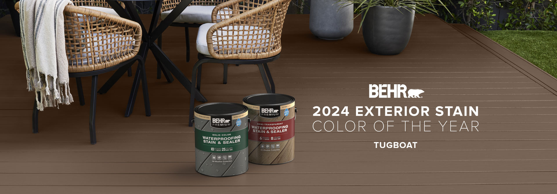 Wooden deck stained in Tugboat, featuring Behr 2024 Color of the Year, Tugboat