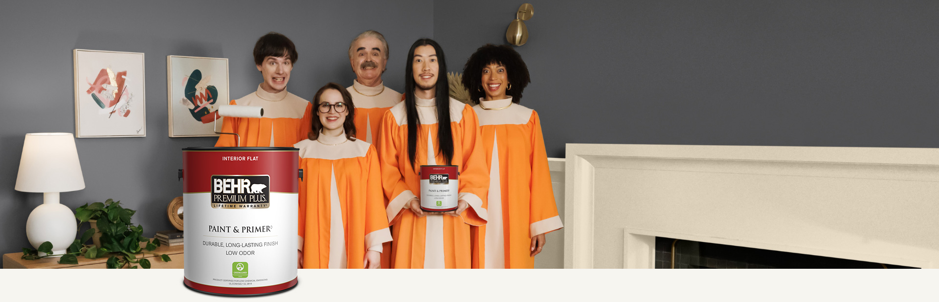 Choir standing in a painted living room with a Behr Premium Plus Interior Flat Paint