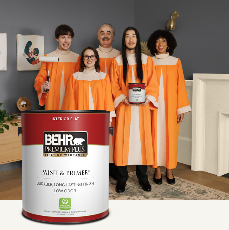 Mobile version of a choir standing in a painted living room with a Behr Premium Plus Interior Flat Paint