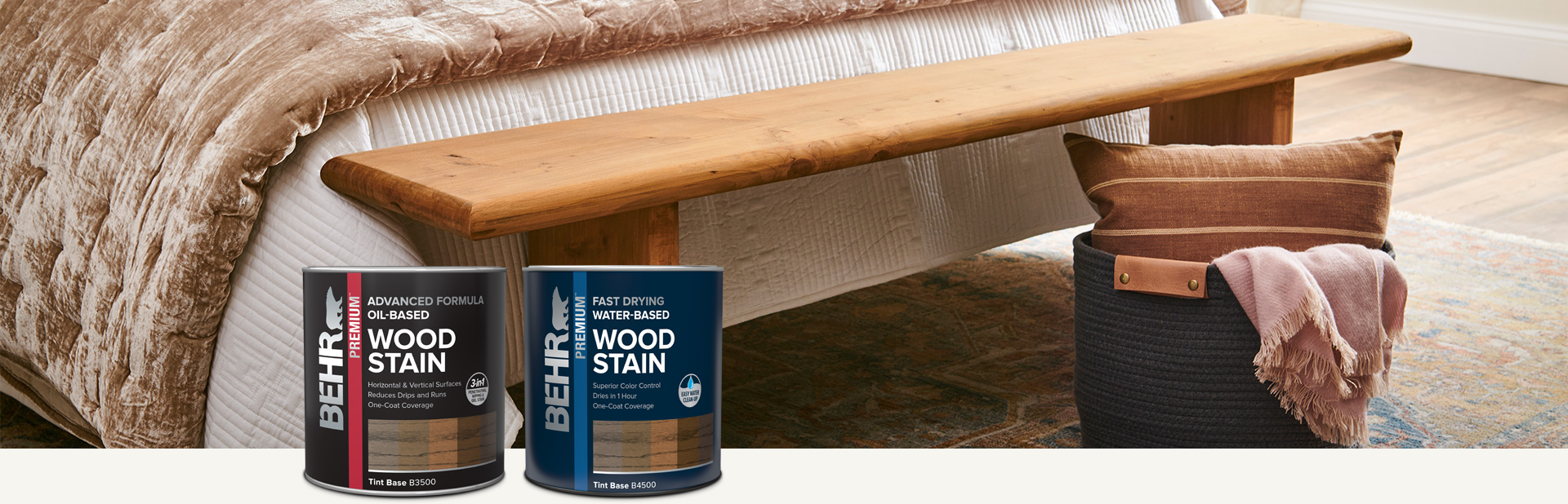 Two ladies sitting at stained dining table with Behr interior wood stain products in foreground