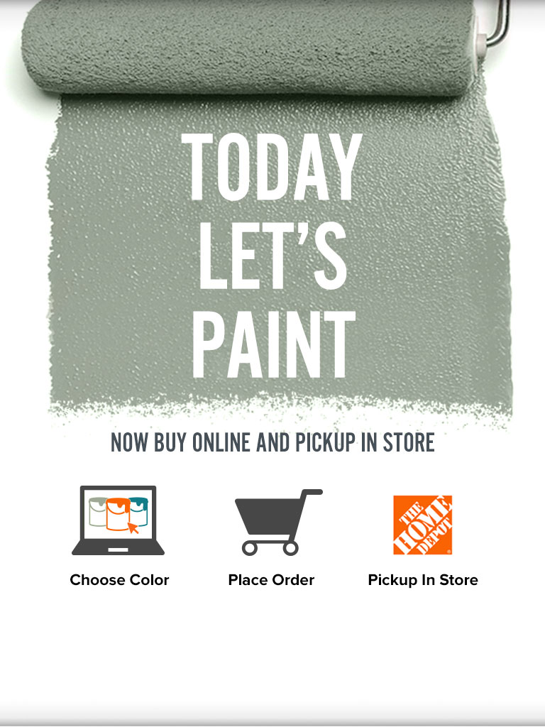 Mobile-sized image of a paint roller painting a wall and the words Now Buy Online and Pick Up in Store in foreground.