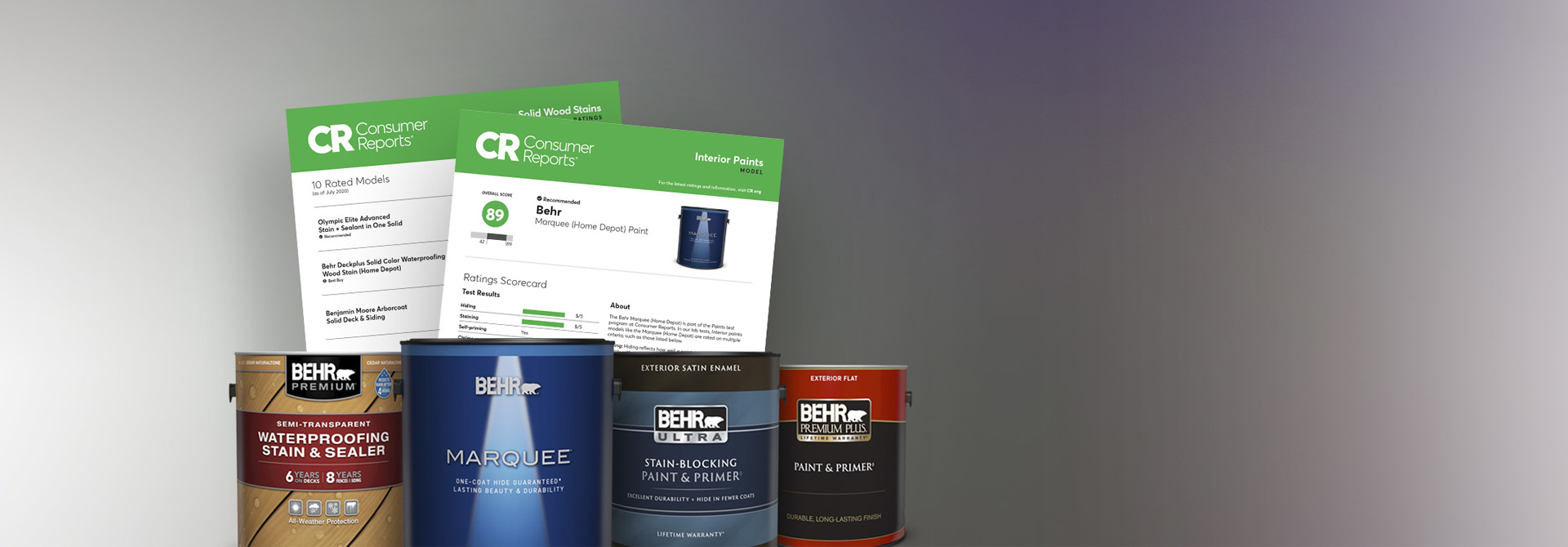 Image of 1 gal cans of Premium Plus Exterior Flat paint, Ultra Exterior Satin Enamel paint, Marquee Interior Satin Enamel,and Behr Premium Semi-Transparent Waterproofing Stain in the forefront. Two images of Consumer Reports findings are also showcased on image.