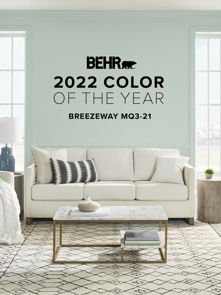 Mobile-sized Banner image of living room painted in Breezeway, featuring Behr Color of the Year, Breezeway.