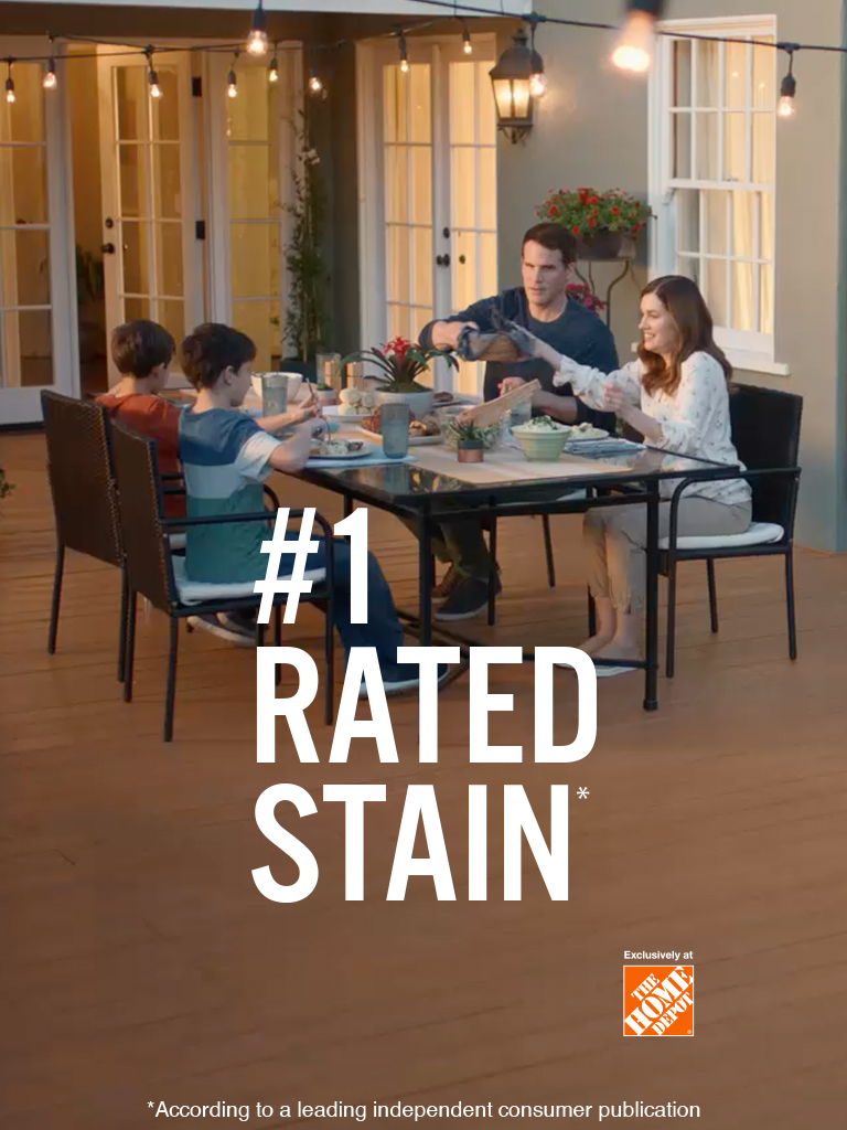 Mobile-sized image of a family having a meal on their newly stain deck and the words #1 Rated Stain in foreground.