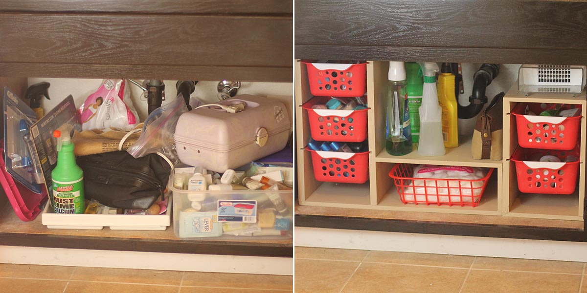 Before and After of undersink area transformed with DIY storage