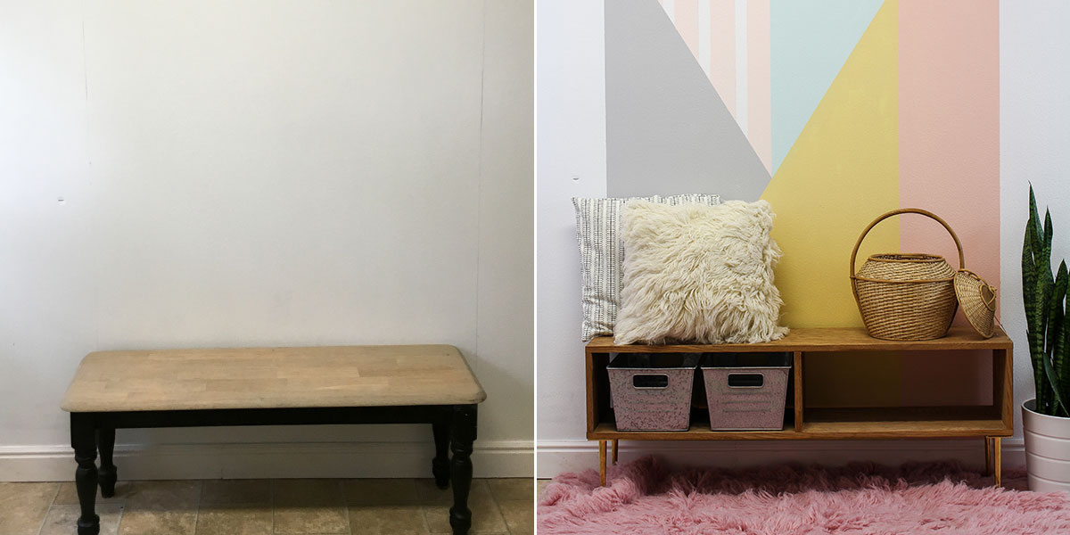 Before and After of Entryway Accent wall, painted with bright geometric pattern