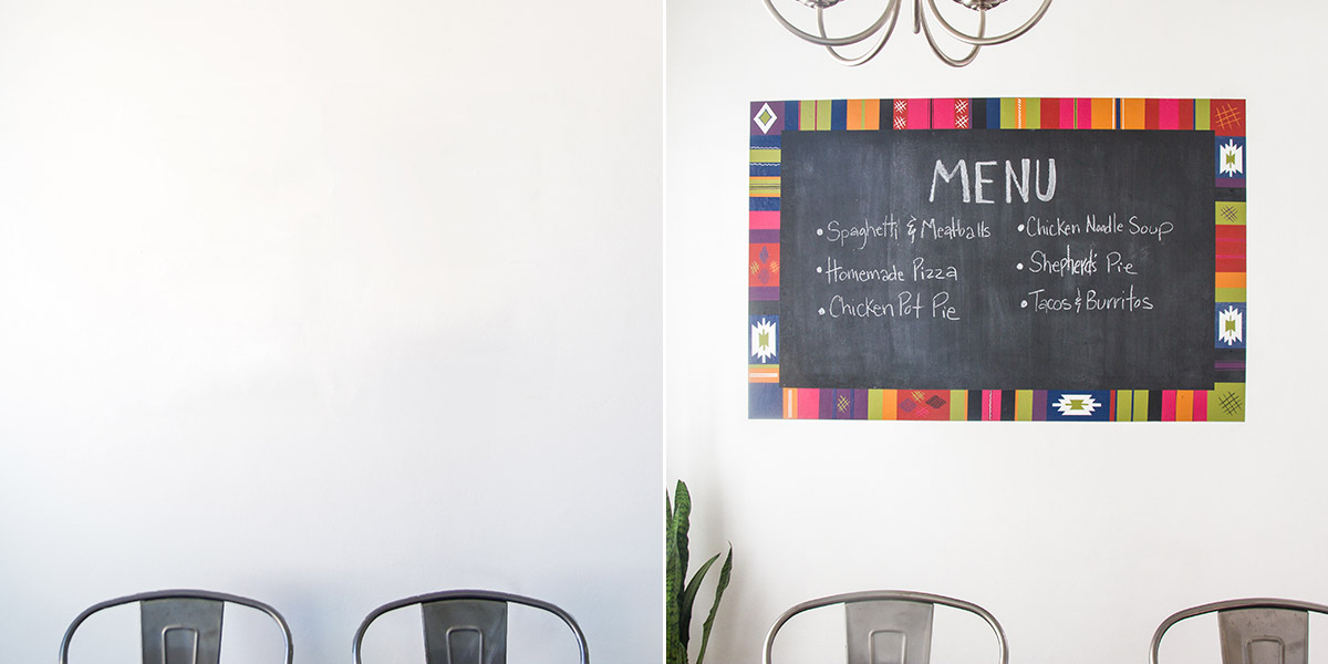 Before and After of Chalkboard, with trim painted with Turkcish-style motif