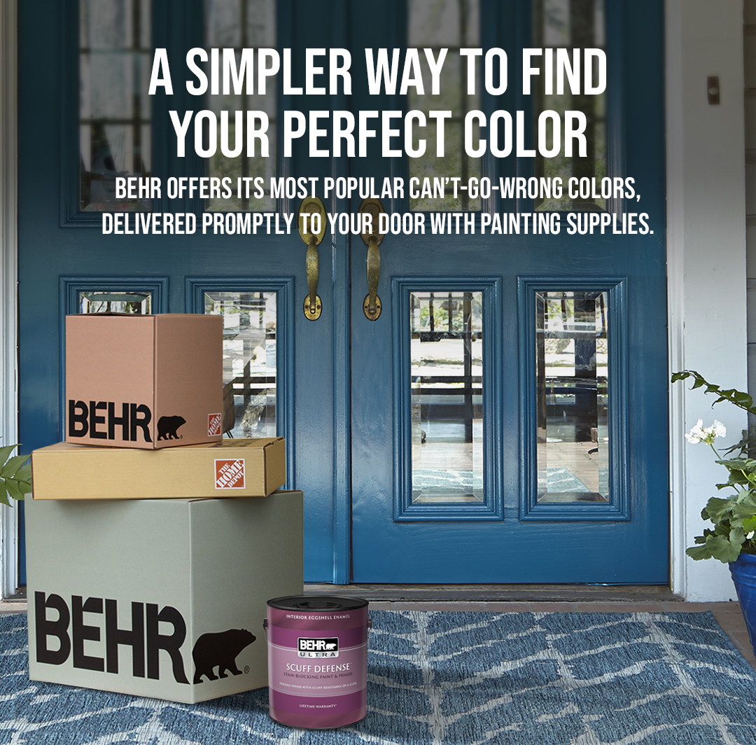 Mobile-sized image of front porch with blue welcome mat and blue French doors, with Behr Express packages and 1 gallon can of Behr Ultra paint in front.