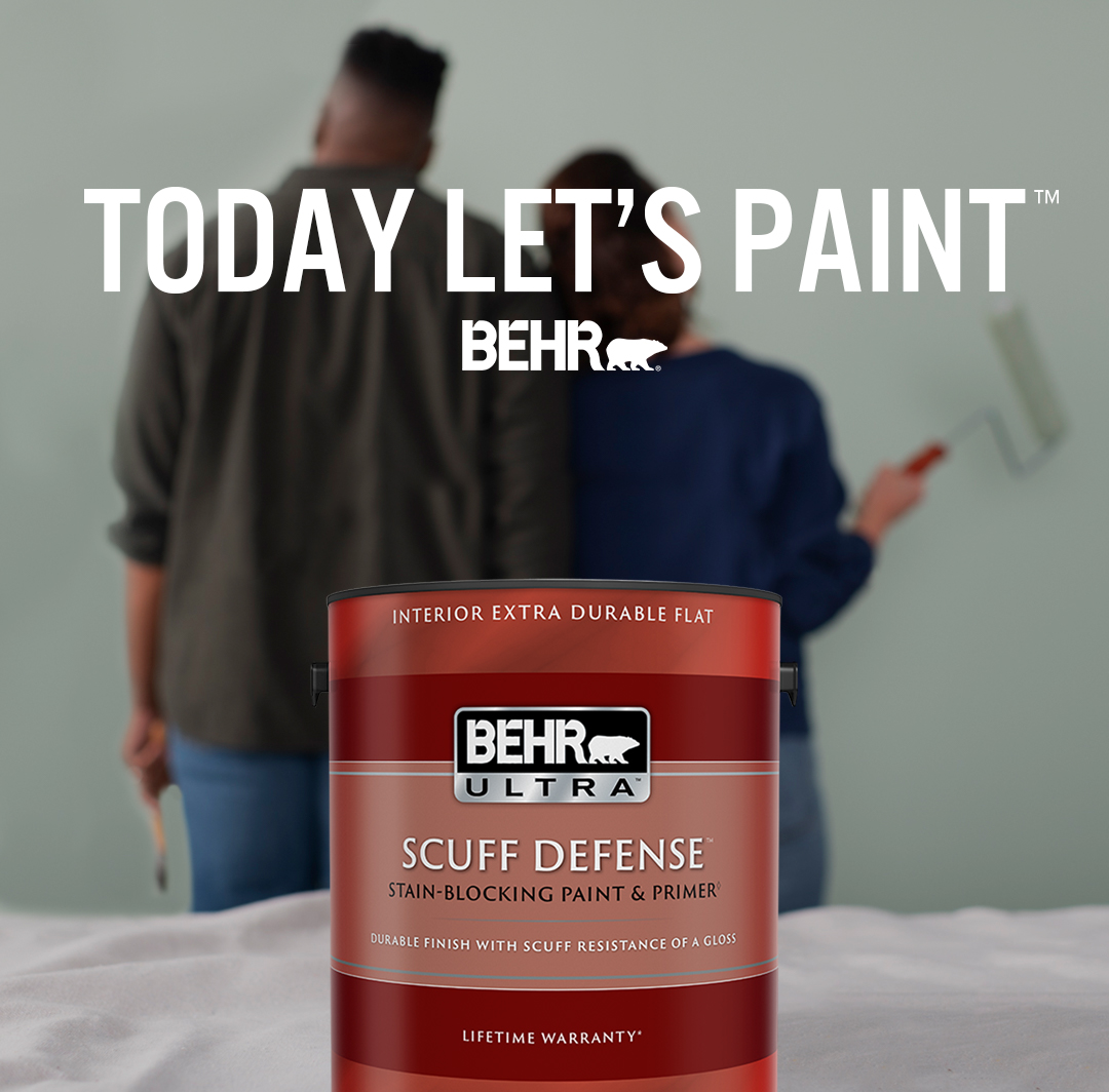 Mobile-sized image of a couple getting ready to paint with a can of BEHR Ultra Scuff Defense Extra Durable Flat interior paint and the words Today Let's Paint in foreground.