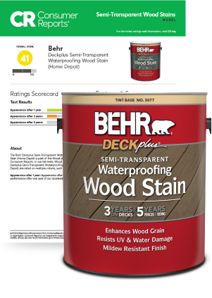 Behr DECKPLUS Semi-Transparent Stains can in front of Consumer Reports