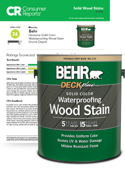 Behr DECKPLUS Solid Color Stain can in front of Consumer Reports