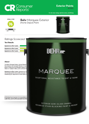 Behr Marquee Exterior Paint can in front of Consumer Reports