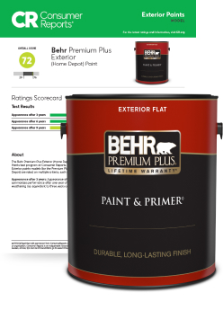 Behr Premium Plus Exterior paint can in front of Consumer Reports