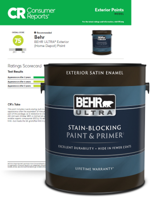 Behr Ultra Exterior paint can in front of Consumer Reports