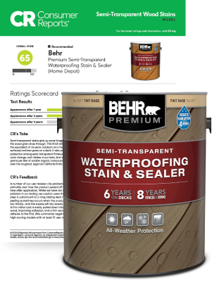 Behr Premium Semi-Transparent Stains can in front of Consumer Reports