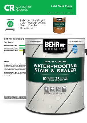 Behr Premium Solid Color Stain can in front of Consumer Reports