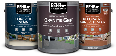 Group of Floor Coating products featuring Solid Concrete Stain, Granite Grip and Semi-Transparent Decorative Concrete Stain