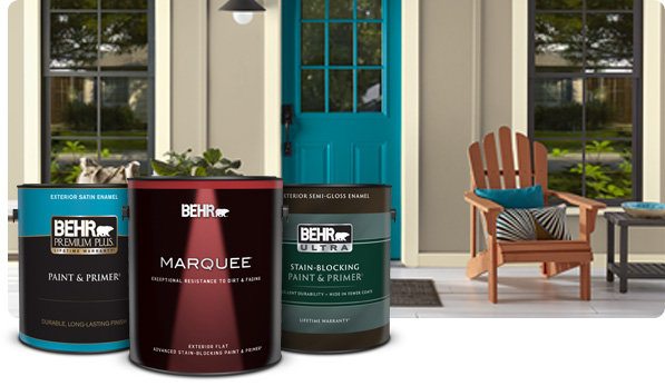 1 gallon cans of Marquee Exterior Flat, Behr Ultra Exterior Semi Gloss and Premium Plus Exterior Satin paints in foreground of image of a front porch.