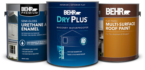 Group of Specialty Paints featuring Alkyd Paint, DryPlus Masonry Waterproofer, and Multi-Surface Roof Paint.