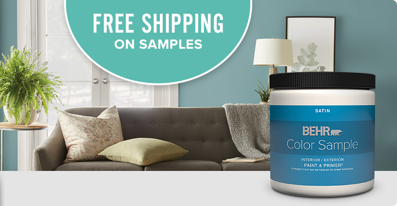 Free shipping on Behr Paint Color Sample with the ColorSmart logo and a living room in the background