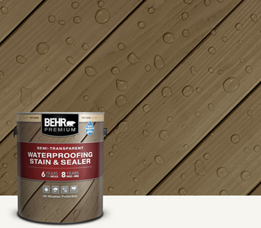 Mobile version of one can of Behr Premium Semi-Transparent wood stain with a wooden deck in the background