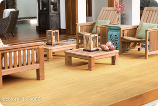 Wood deck with tables and chairs. For mobile