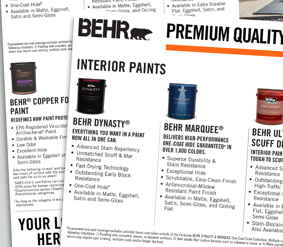 A close up view of a flyer document with images of BEHR products and at the bottom  the words - YOUR LOGO HERE.