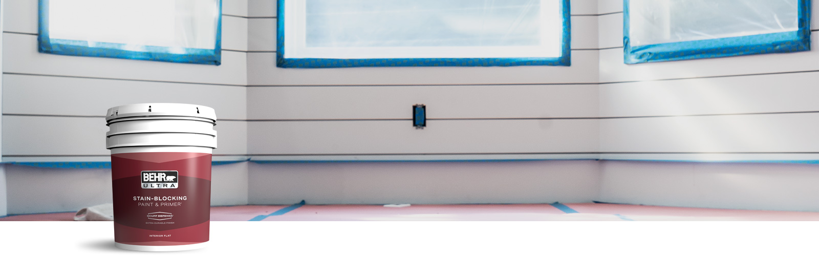 BehrPro interior Ultra products landing page desktop image featuring 5 gallon Ultra can.