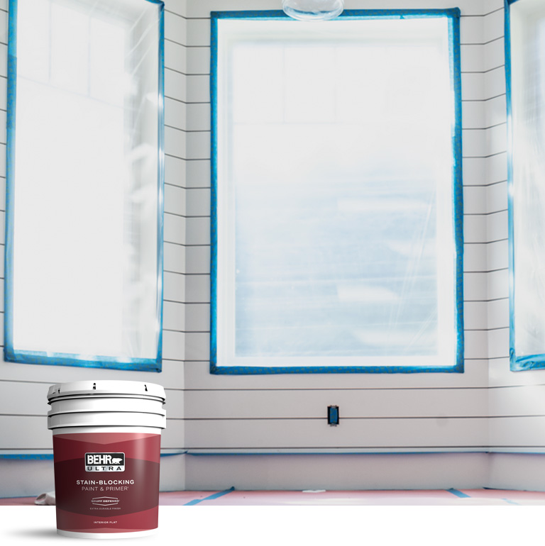 Mobile version of BehrPro interior Ultra products landing page desktop image featuring 5 gallon Ultra can.