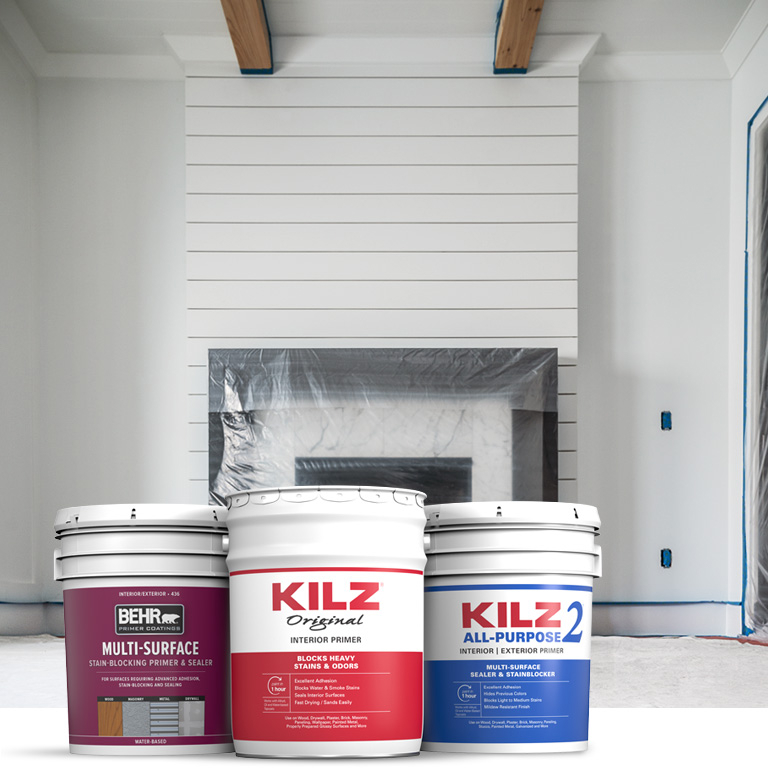 Behr Pro interior primer products landing page mobile image featuring 5 gallon cans.