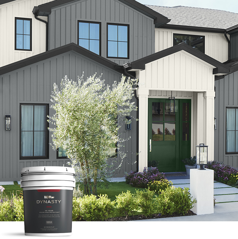 Mobile version of a painted exterior home featuring a Dynasty Exterior Satin paint can