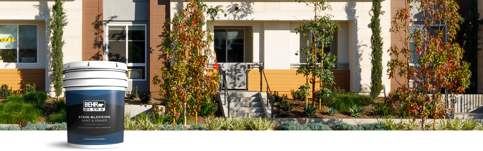 Behr Pro exterior Ultra products landing page desktop image featuring 5 gallon Ultra can.