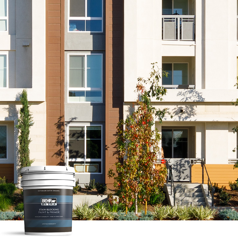 Mobile version of Behr Pro exterior Ultra products landing page desktop image featuring 5 gallon Ultra can.