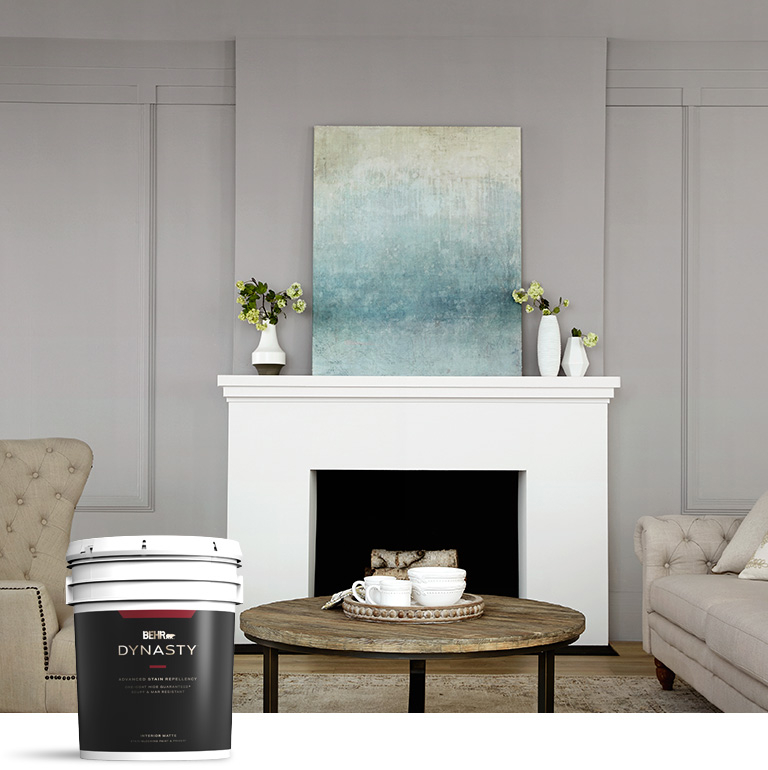 mobile image of gray living room image with Behr Dynasty Interior paint can in the foreground