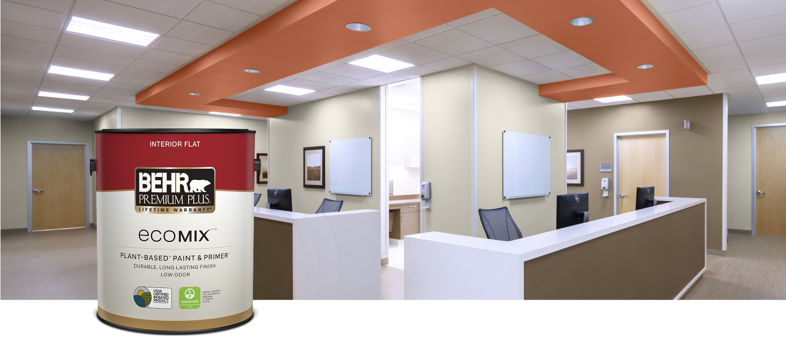 Behr interior Premium Plus EcoMix Plant-Based Paint 5 gal can in healthcare setting