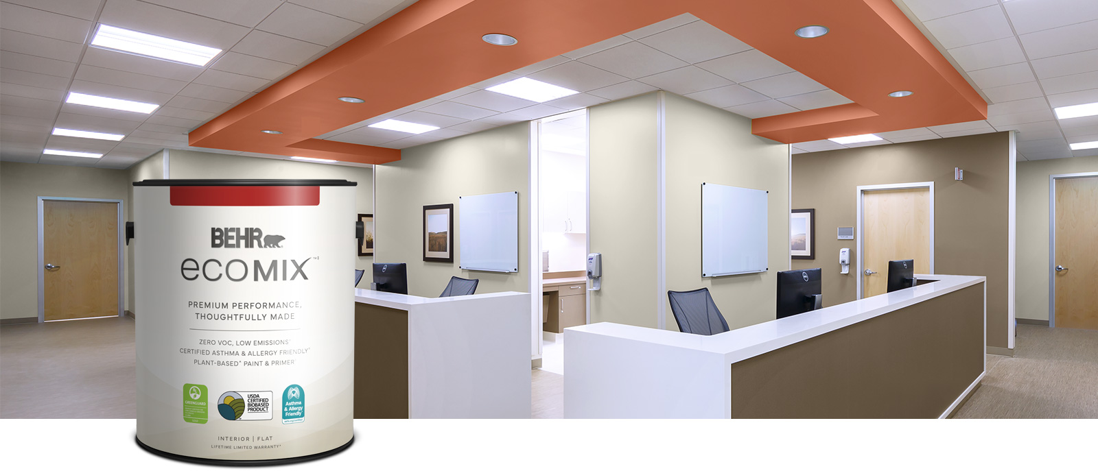 Behr interior Premium Plus EcoMix Plant-Based Paint 5 gal can in healthcare setting