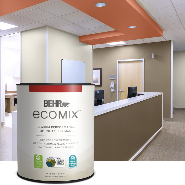 Mobile version of Behr interior EcoMix Plant-Based Paint 5 gal can in healthcare setting