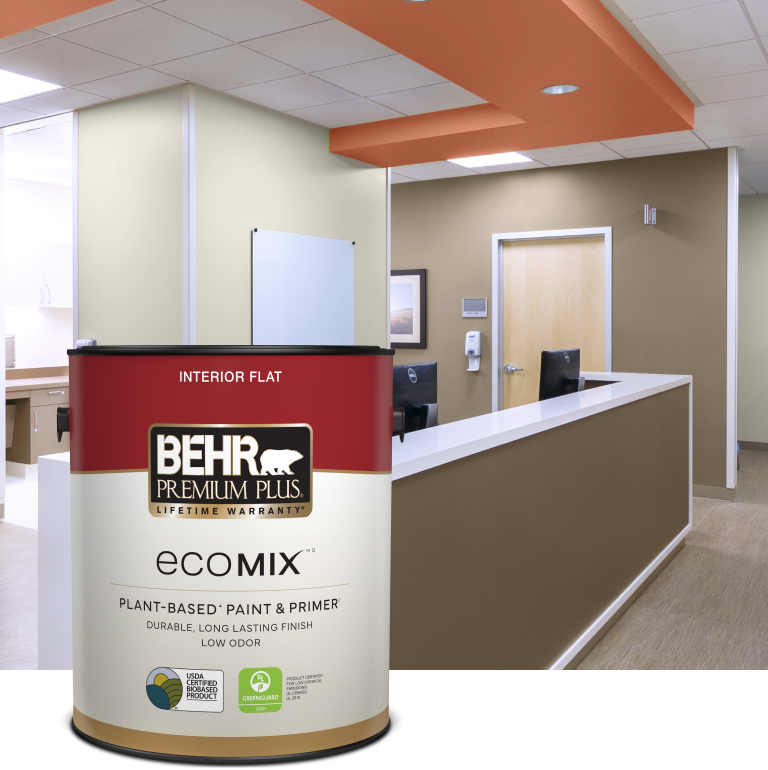 Mobile version of Behr interior Premium Plus EcoMix Plant-Based Paint 5 gal can in healthcare setting