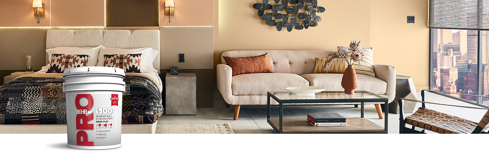 BEHR PRO interior i100 products landing page desktop image featuring 5 gallon i100 can.