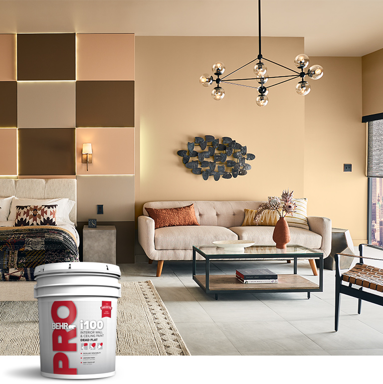 Mobile version of BEHR PRO interior i100 products landing page mobile image featuring 5 gallon i100 can.