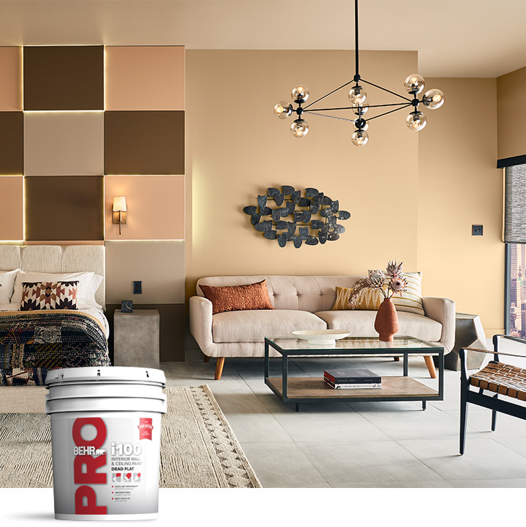 Mobile version of BEHR PRO interior i100 products landing page mobile image featuring 5 gallon i100 can.