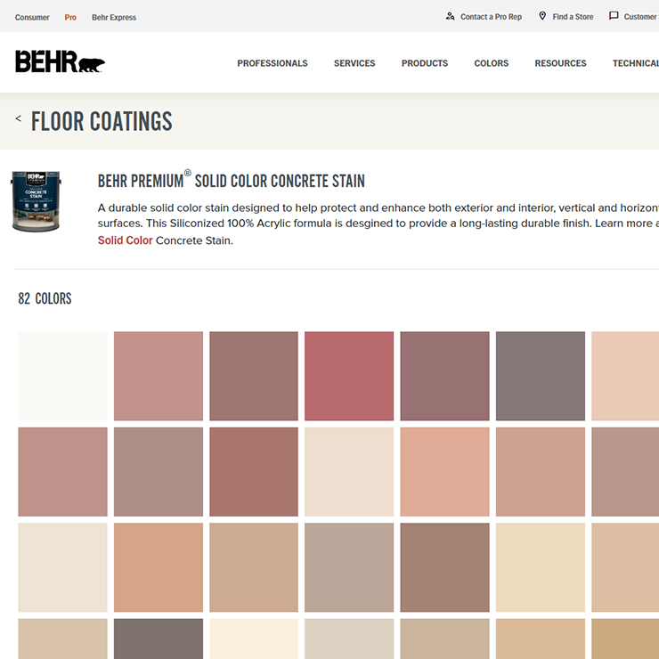 A close up view of a screen shot of BEHR Floor Coatings tool. The image of the tool has different tabs and is displaying several color chips.