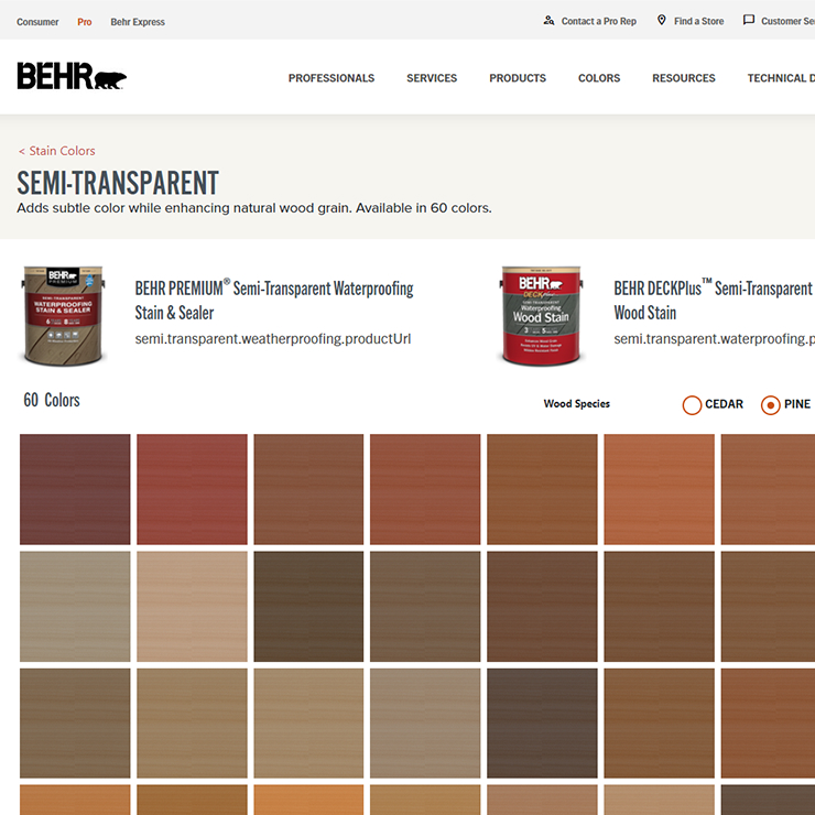 A close up view of a screen shot of BEHR Wood Stain Coatings tool. The image of the tool has different tabs and is displaying several color chips.