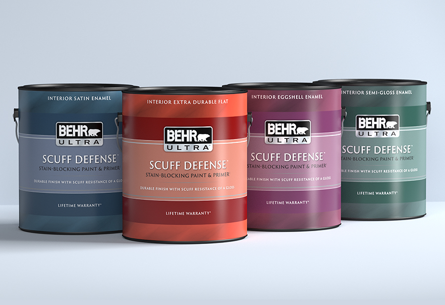 Image of a 1 gallon Behr ULTRA SCUFF DEFENSE Product Line up on a gray background