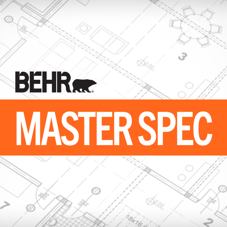 An image with the words BEHR MASTER SPEC with an image of a blueprint in the background.