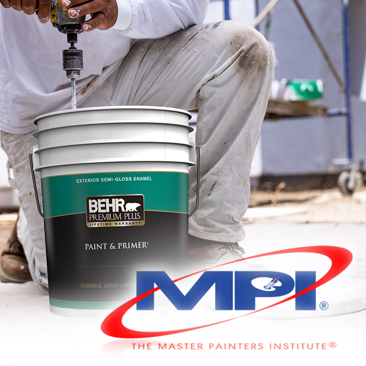 An image of 2 one gallon cans of BEHR PREMIUM PLUS being stirred by a painter. In the lower left hand corner there is an image of the Logo of MPI