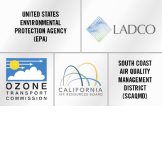 An image displaying all the different company such as United States Environmental Protection Agency , LADCO with logo, OZONE Transport Commission with logo, California Air Resources Board with logo, and  South Coast Air Quality Management District.