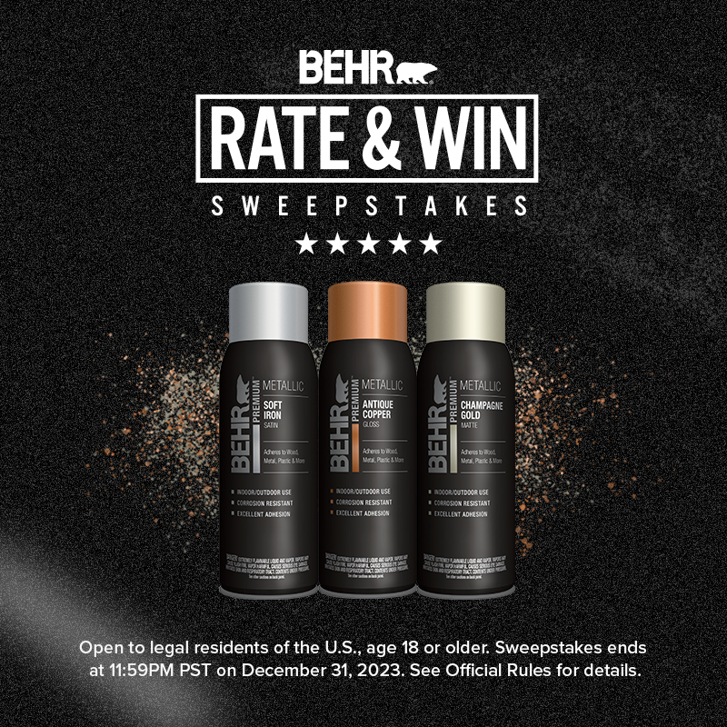 Mobile Rate & Win Sweepstakes 2023 with Behr Spray Paint cans in the foreground.