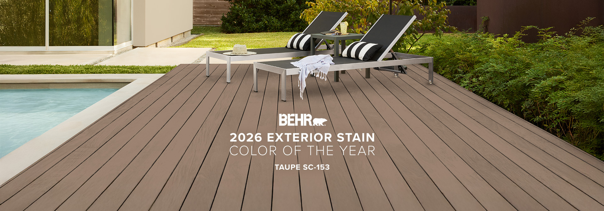Wooden deck stained in Taupe, featuring Behr 2026 Color of the Year, Taupe